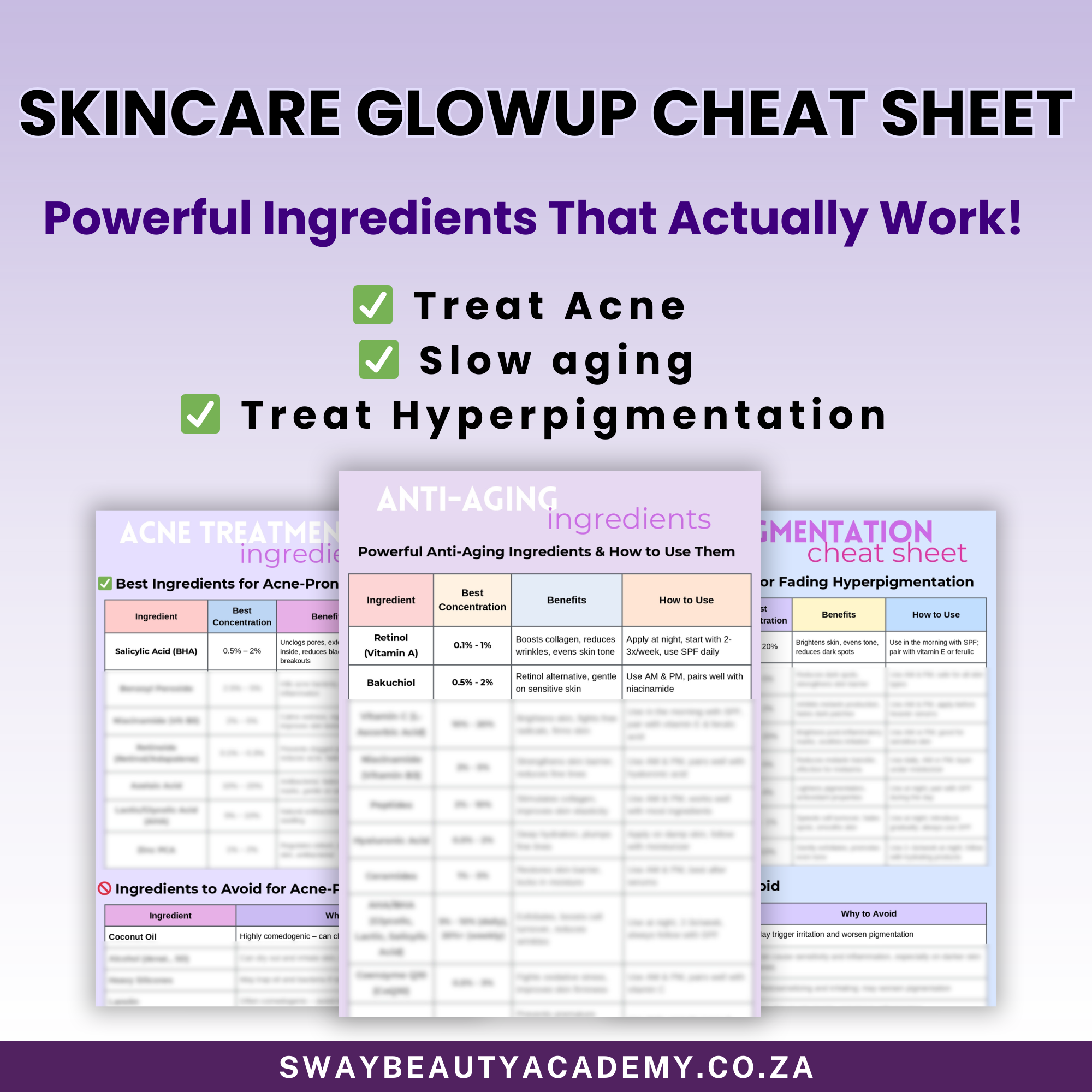 Glow Up Skincare Cheat Sheet: : 3-in-1 Fix for Acne, Dark Spots & Aging